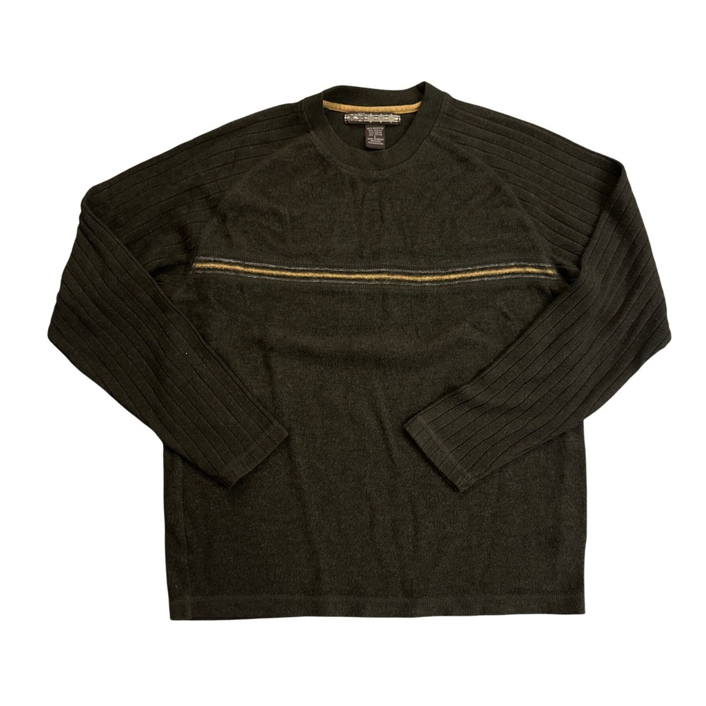 XG Mens Crew Neck Sweater Olive Green Striped Ribbed Sleeve Knit Top Large